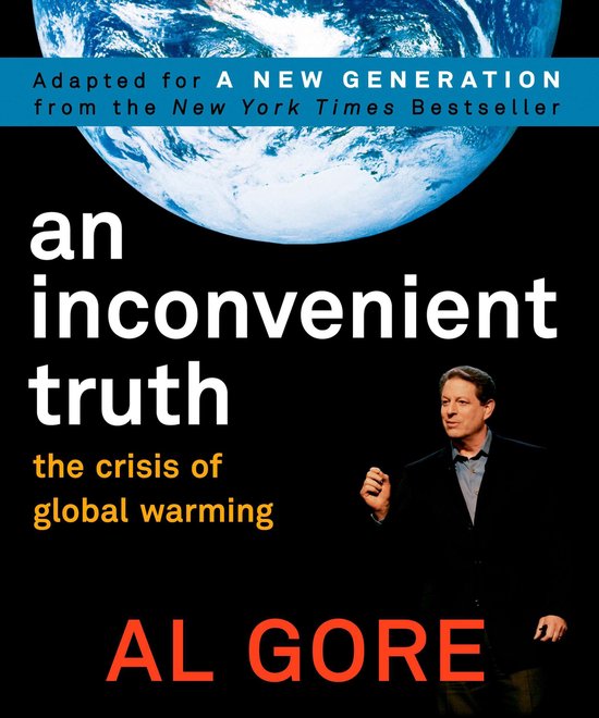 Boekomslag van 'An Inconvenient Truth', met Al Gore en een afbeelding van de aarde.