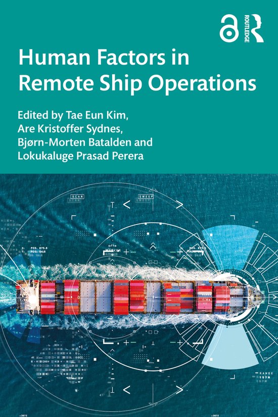 Couverture du livre 'Human Factors in Remote Ship Operations' avec une image d'un porte-conteneurs en mer, entouré de graphiques numériques.