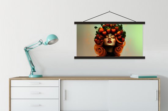 Posterhanger incl. Poster 90x45 cm - Schoolplaat - Vrouw - Aardbeien - Kroon - Textielposter - Zwarte latten