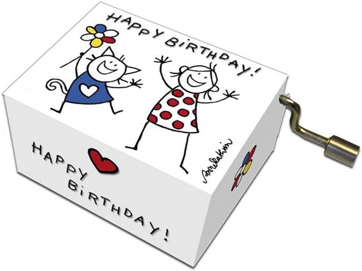 Houten Muziekdoos met Melodie 'Happy Birthday' - Kat en Jong Meisje Decoratie