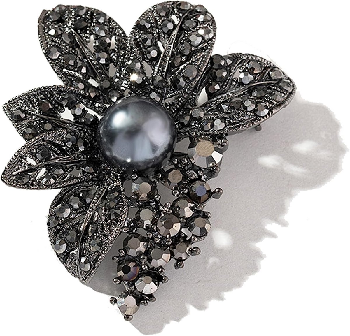 Victoriaanse Stijl Bloem Broche met Zwarte Parels en Kristal