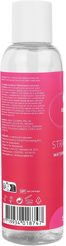 Transparante fles met roze label, met de tekst 'STRAWBERRY WATERBASED LUBRICANT' en een witte 'e' logo.