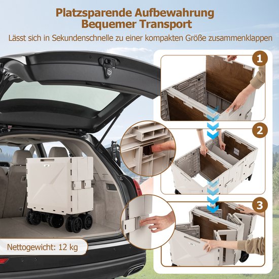 COSTWAY Bolderkar, opvouwbaar, handwagen met tafelblad, 2 opbergkisten, verstelbare handgreep en bekerhouders, 150 l, tuinwagen tot 60 kg belastbaar, transportwagen voor camping, wit van Merkloos — afbeelding 3