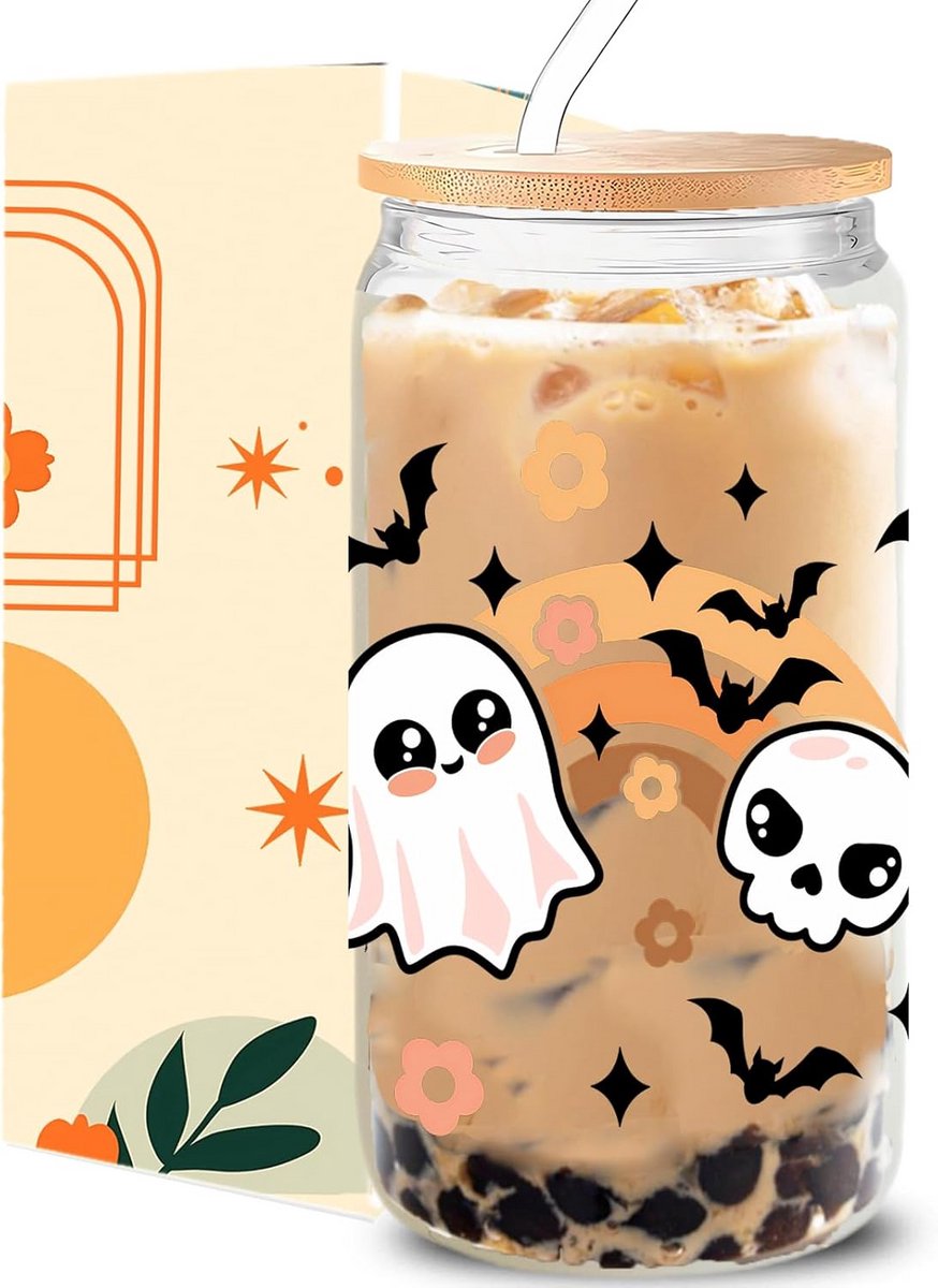 Glazen Koffiekop 16oz met Spookjes, Deksel en Rietje voor Iced Coffee