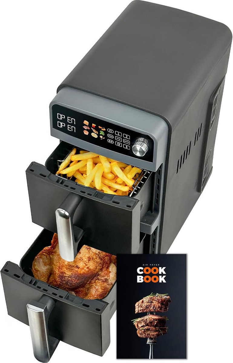Dubbele XL Airfryer 10 Liter - 2400W Heteluchtfriteuse met 2 Kamers en Synchronisatie