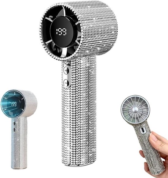 Handventilator mini met kristallen, 199 snelheden, oplaadbaar, stil, digitaal display, draagbaar, wit, USB-C