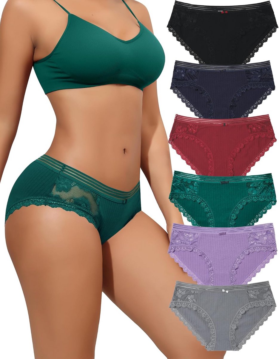 Set van 6 dames onderbroeken, kanten slip, katoenen hipsterslips, zacht en comfortabel ondergoed, multipack, maat S-XL
