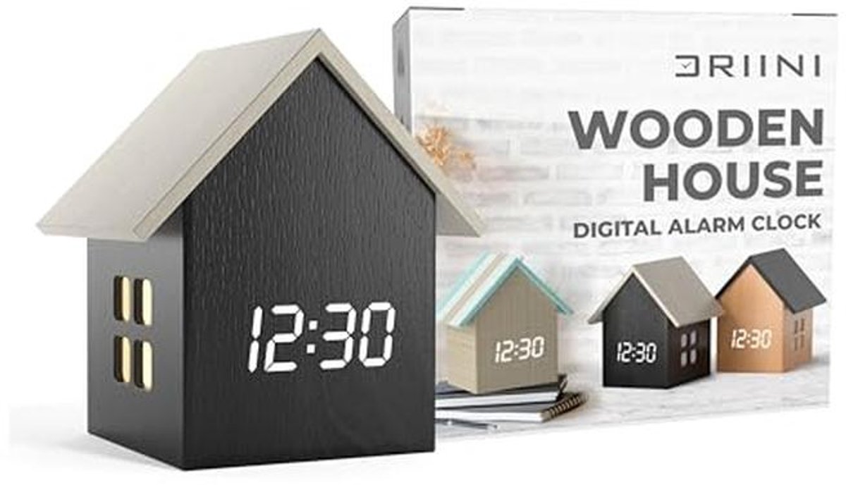 Digitale wekker in huisvorm met temperatuurweergave - moderne bureauklok met LED-dimmer