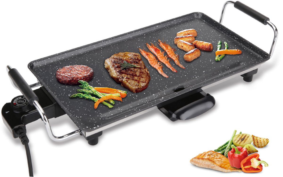 Royal Swiss® Elektrische Grillplaat – 2000W Bakplaat 46x26 cm – Antiaanbaklaag – Verstelbare Thermostaat – Cool Touch Handgrepen – Vaatwasserbestendig