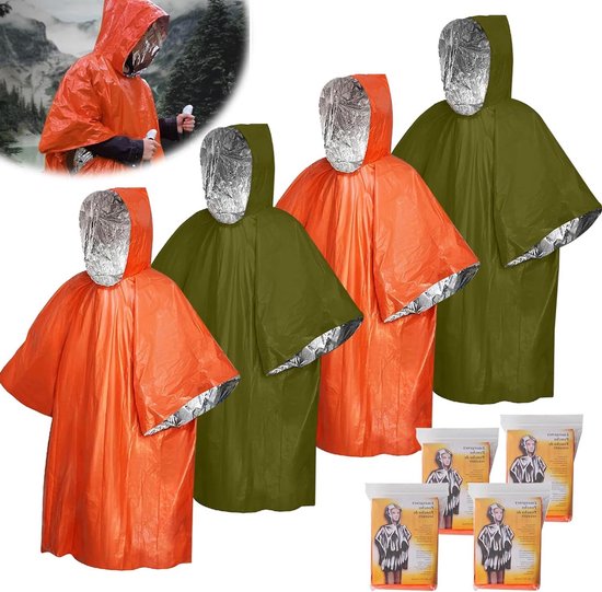 All4You - Noodset: regenponcho, 4 stuks reddingsdeken, thermische foliedeken, Bivvy tas - EHBO-warmtedeken voor kamperen, wandelen.