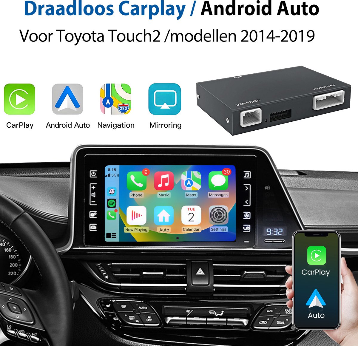 JUNSUN Draadloze Carplay & Android Auto model Geschikt voor Toyota RAV4 Yariss Corolla Tacoma Camry CHR Tundra, GPS-navigatiesysteem,Bluetooth, WIFI, USB, FM, Stuurwielbediening, MIC