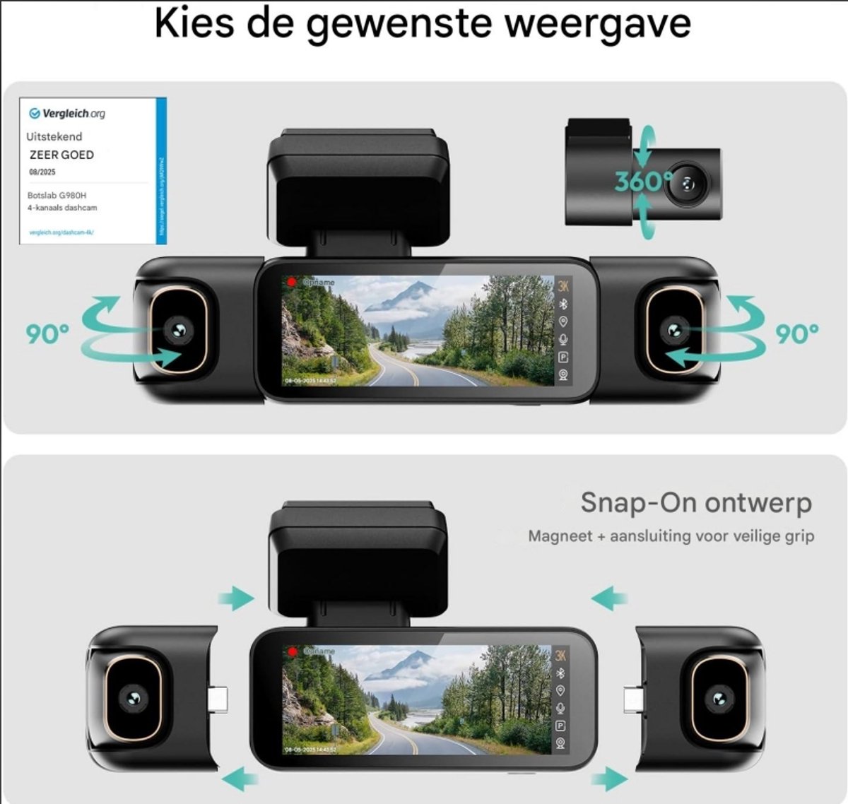 BOTSLAB 4-kanaals dashcam voor auto (voor- en achterkant), 4-kanaals 3K + 3 * 1080P, autodashcam met 128GB SD-kaart, GPS, 5GHz WiFi, 3.18" IPS-scherm, super nachtzicht, WDR, G-sensor, loopopname, parkeermonitor – foto 2
