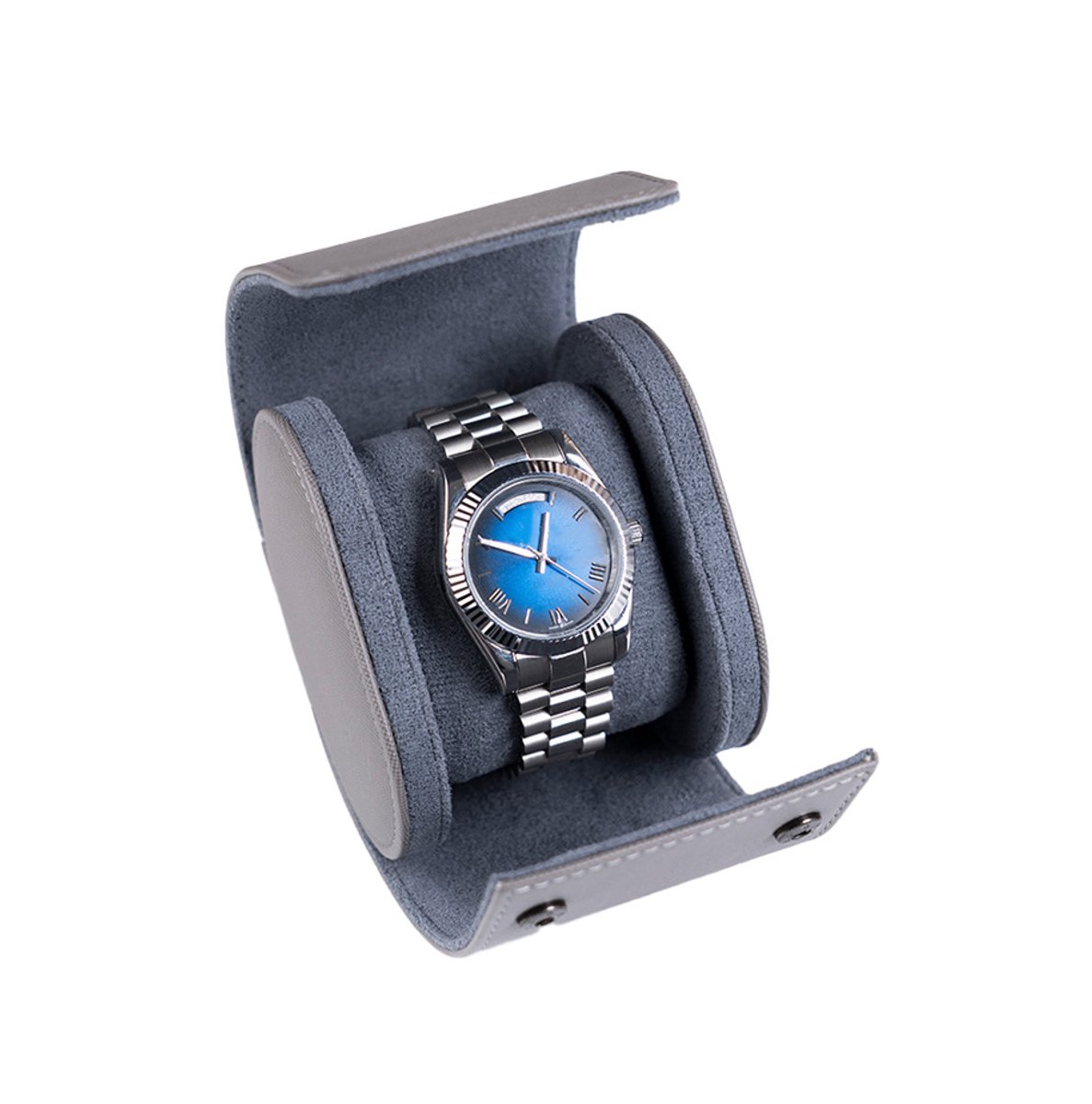 Horloge-organizer met 1 sleuven - Oprolbare opbergdoos voor horloges - Reishorlogebox van leer - Met uitneembare horlogepad - Horlogedisplaybox - Compact en draagbaar - Perfect voor horlogeliefhebbers - Grijs