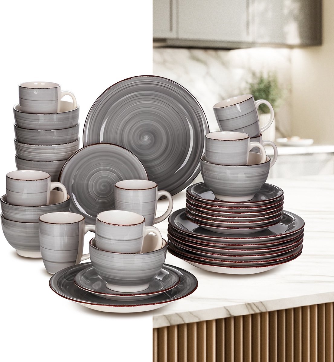 Luxe Serviesset – 32 delig – 8 persoons – Porselein - Bordenset – Dinner platen – Dessertborden - Kommen - Mokken - Grijs