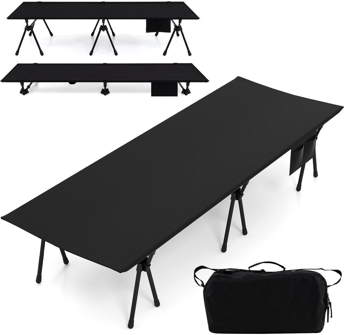 COSTWAY Veldbed, in hoogte verstelbaar campingbed met beenverlengingen, zijzak en netvak, 193 x 70 cm, 150 kg draagkracht, draagbare campingligstoel voor camping, reizen