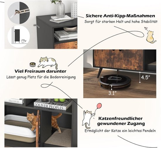 Kenmerken van de kast: anti-kantelbeveiliging, ruimte voor robotstofzuigers en toegang voor katten.