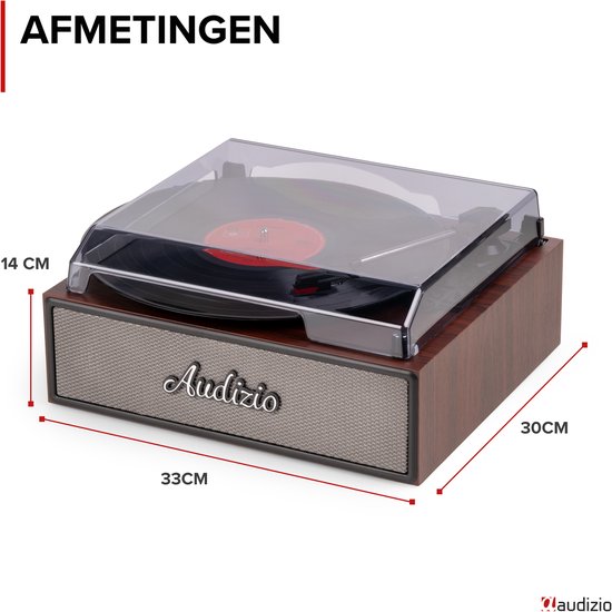 Afmetingen van een retro platenspeler met houtlook: 33cm breed, 14cm hoog, 30cm diep.