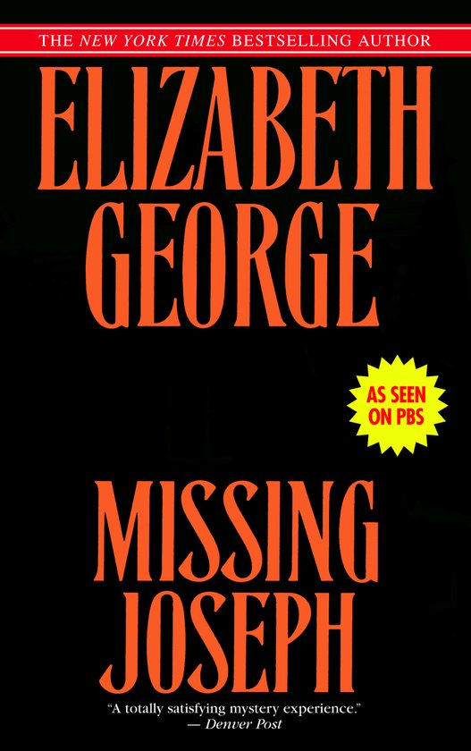 Boekomslag: Missing Joseph door Elizabeth George, oranje letters op zwarte achtergrond met gele 'As seen on PBS' ster.