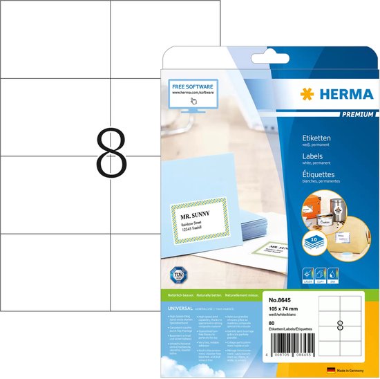 HERMA Premium etiketten, wit, permanent, ook voor B4/C4-enveloppen. Met MR. SUNNY adreslabel voorbeeld.