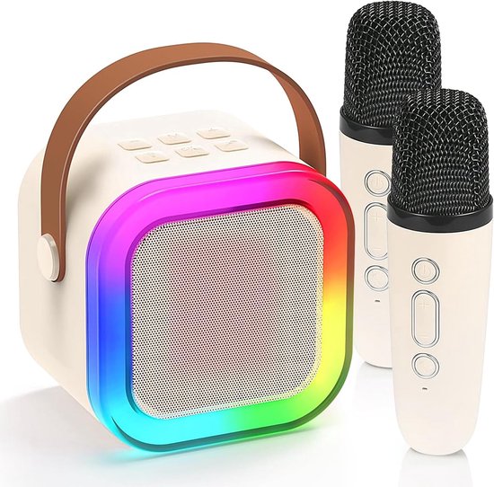 Machine de karaoké avec 2 Microphones - Bluetooth et Siècle des Lumières LED - Convient aux Enfants (Wit)