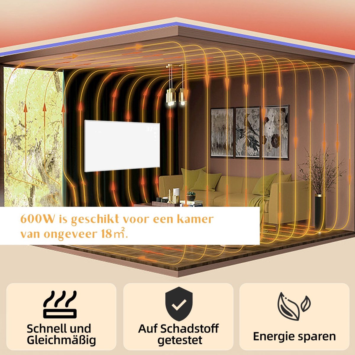 Glitzerlife Infrarood Wandverwarming 600W - Infrarood paneel met Thermostaat & App/WiFi Bediening - Energiezuinige Elektrische Kachel - Staand of Wandmontage met Afstandsbediening – foto 4