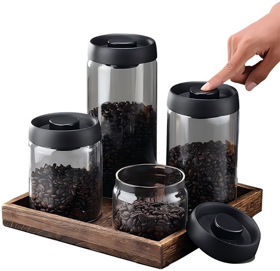 Boîte à café, bocal de conservation pour grains de café, verre sous vide, noir, ensemble de quatre pièces
