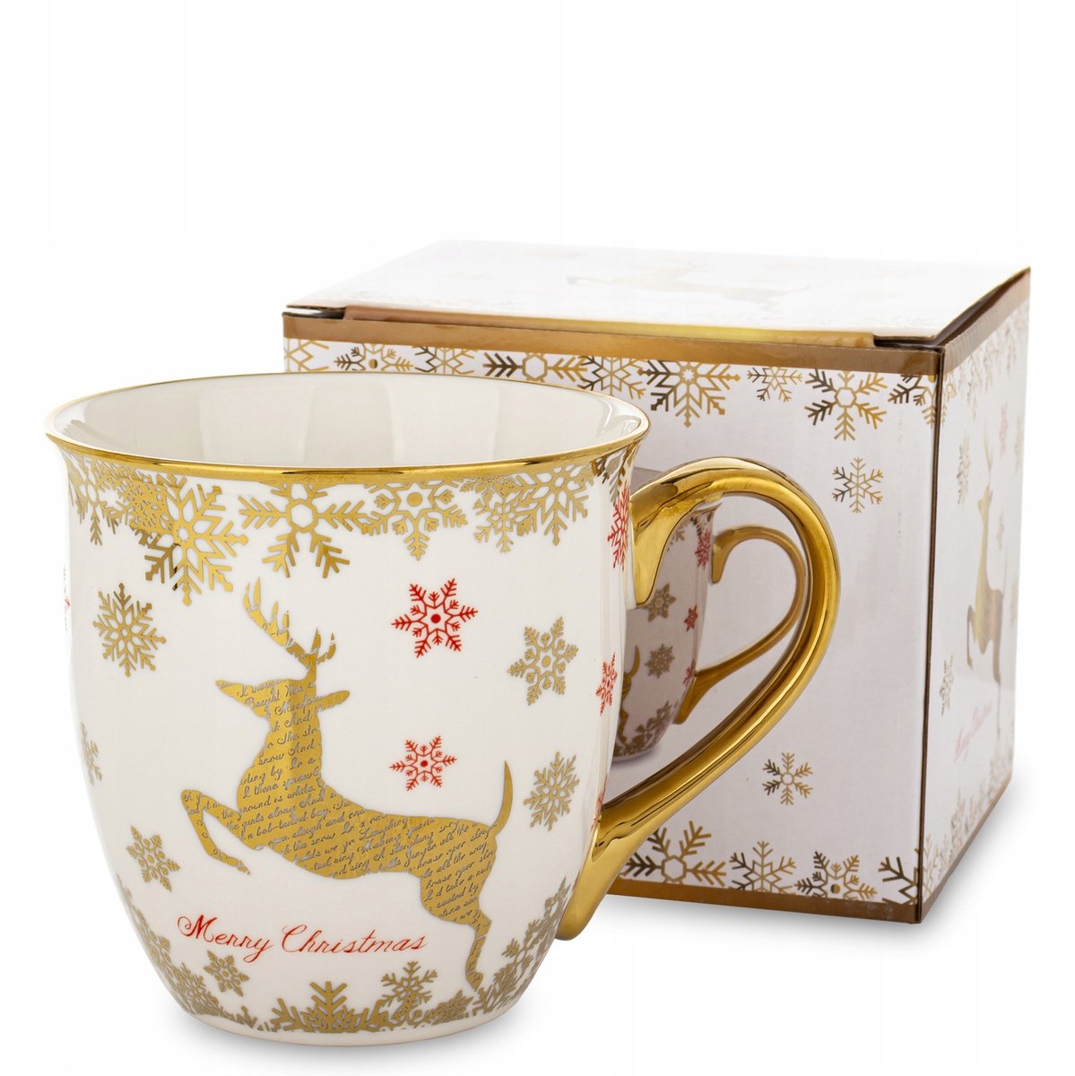 Keramische Kerstmok 560ml Wit-Goud met Rendier - Cadeau