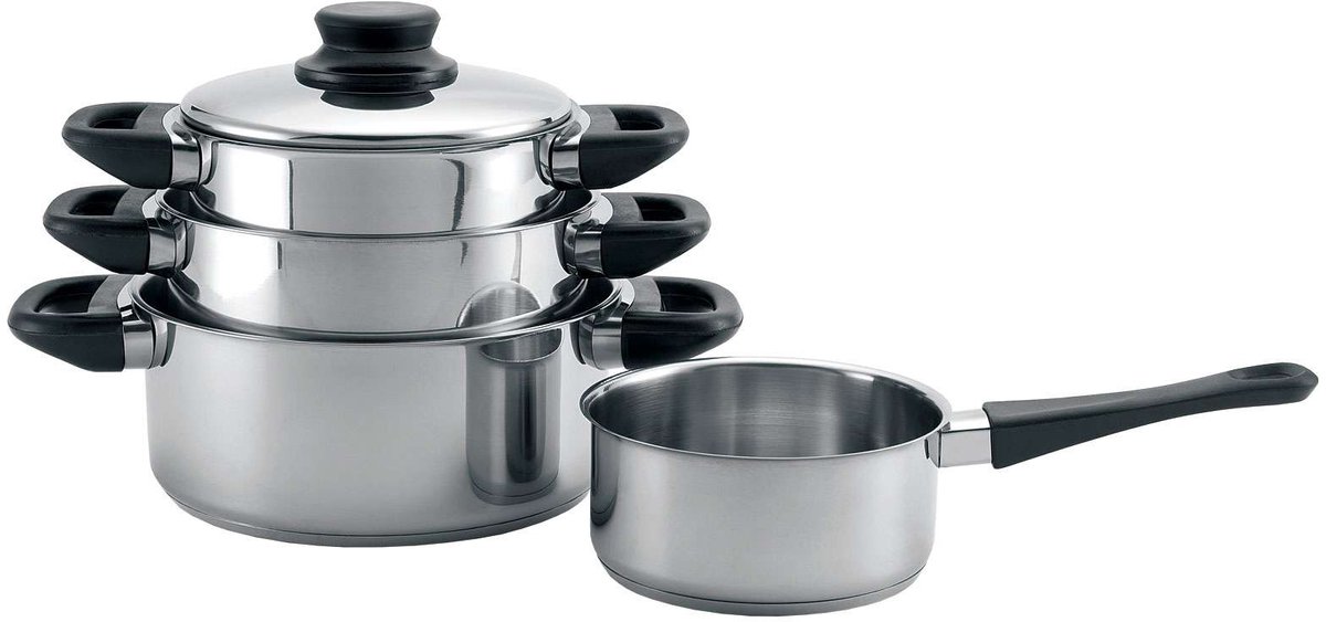 Cookinglife Pannenset RVS / Zwart 4-Delig - Kookpan ø 16, 18 , 20 cm & Steelpan ø 16 cm- Geschikt voor alle warmtebronnen