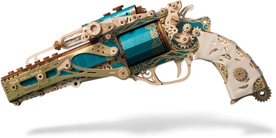 HowCat Steam Revolver (Turquoise) – 3D Houten Puzzel Steampunk Revolver – 318 Stuks – DIY Modelbouwpakket – Houten Bouwpakket – Houten Revolver – Decoratief & Educatief – Kerst Sinterklaas Cadeau voor Kinderen en Volwassenen