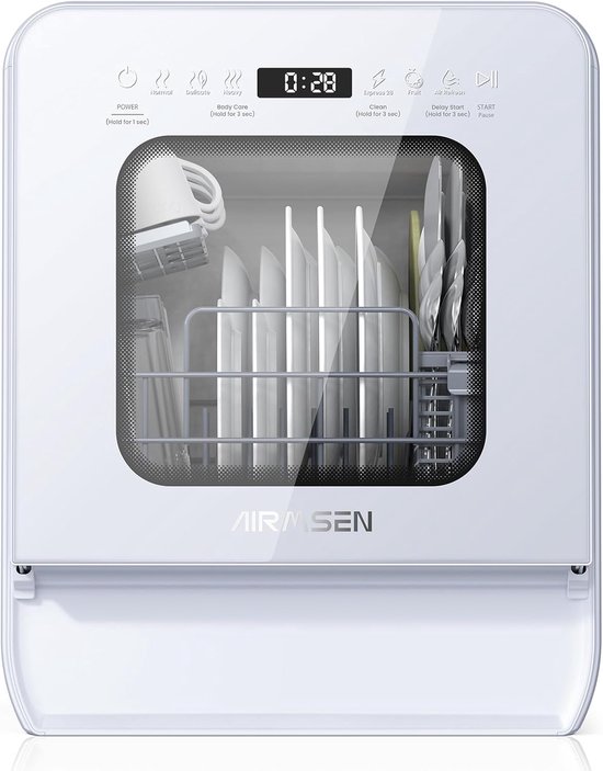 AIRMSEN Mini Vaatwasser - Watertank 5L - 9 Programma's - 4 Couverts - (37x45 cm) - 24u Startuitstel - Wit
