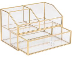 Cosmetica-organizer met schuiflade, goudkleurig, vintage make-uptafel, opbergbox van metaal en glas