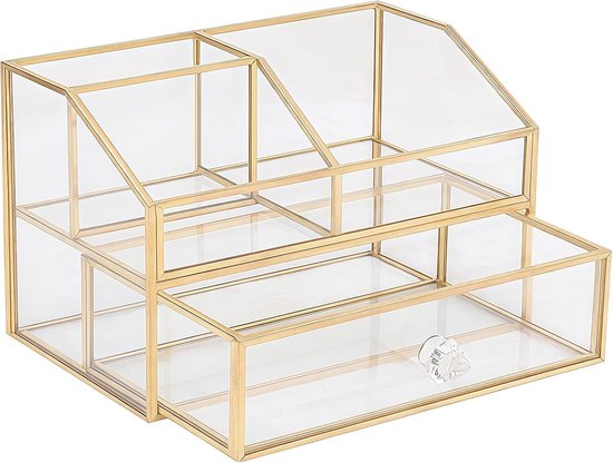 Cosmetica-organizer met schuiflade, goudkleurig, vintage make-uptafel, opbergbox van metaal en glas