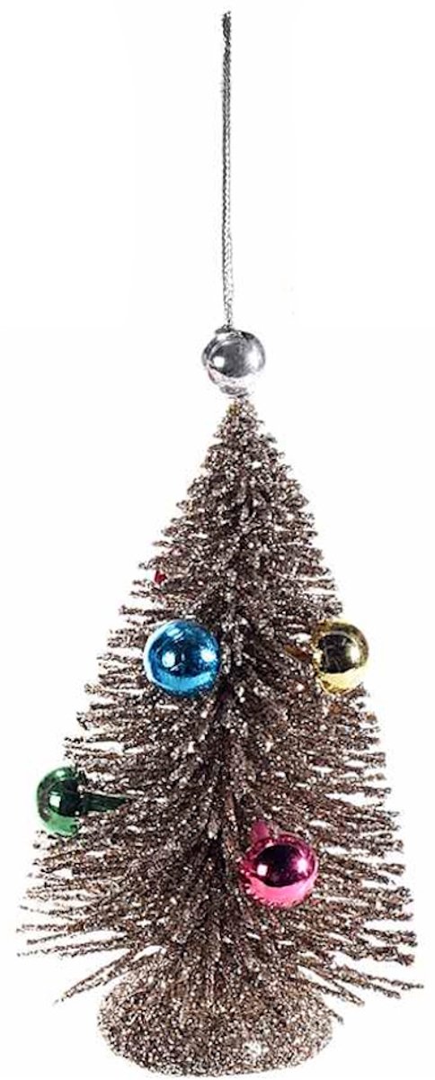 Kerstboom met Glitter en Kerstballen Bruin/Goud - Kerstornament - Ø 6 x 11 cm
