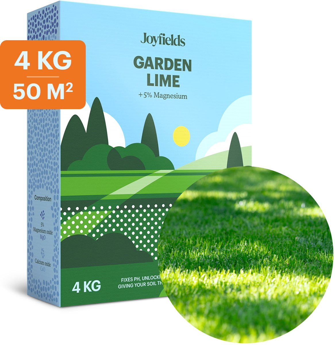 Joyfields Garden Lime - Gazonkalk - 4 kg voor 50 m² - Voorkomt en vermindert mos - Neutraliseert de pH-waarde - Voor sterker, groener en mooier gras