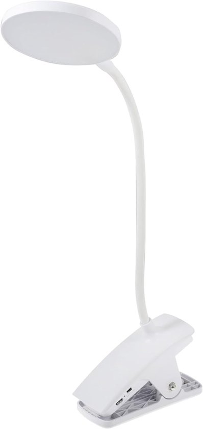 Witte bureaulamp met klemvoet en flexibele arm.