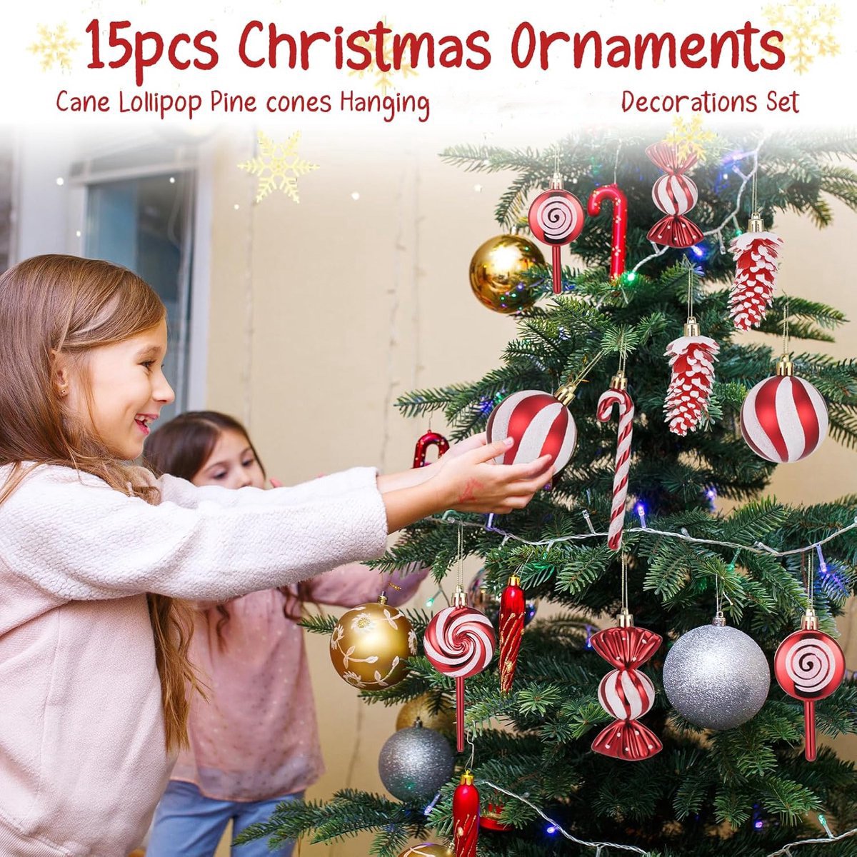 Kerstballen Set – kerstversiering - 15 Stuks Rood Wit Glitter Ornamenten – Inclusief Snoepjes Dennenappels En Lolly’s – Hangende Kerstballen Met Touw – Feestelijke En Decoratieve Kerstversiering Voor Kerstboom Huis Of Feest – foto 7