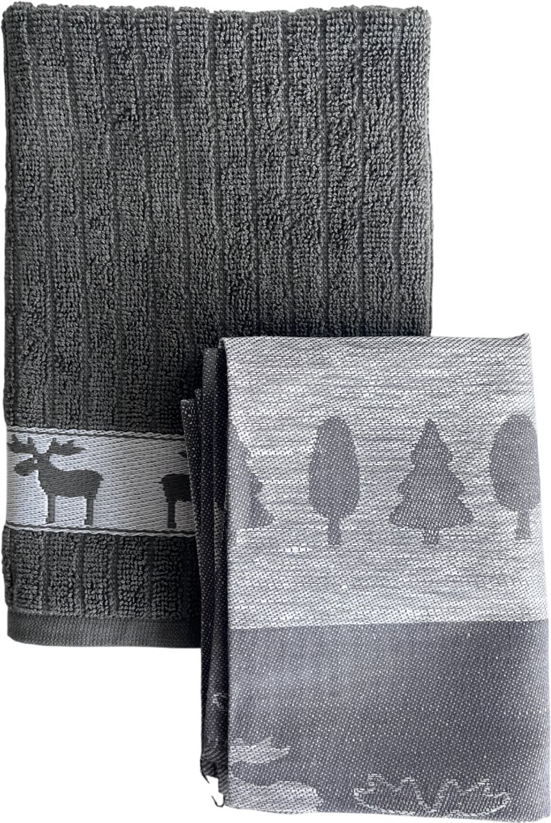 Kracht Eland - theedoek en keukendoek set - grijs - bomen - kerst - hert