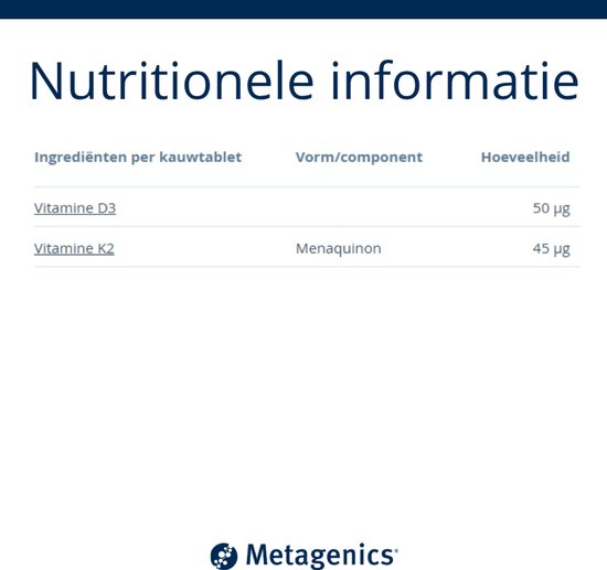 Nutritionele informatie: Ingrediënten per kauwtablet: Vitamine D3 50 µg, Vitamine K2 (Menaquinon) 45 µg.