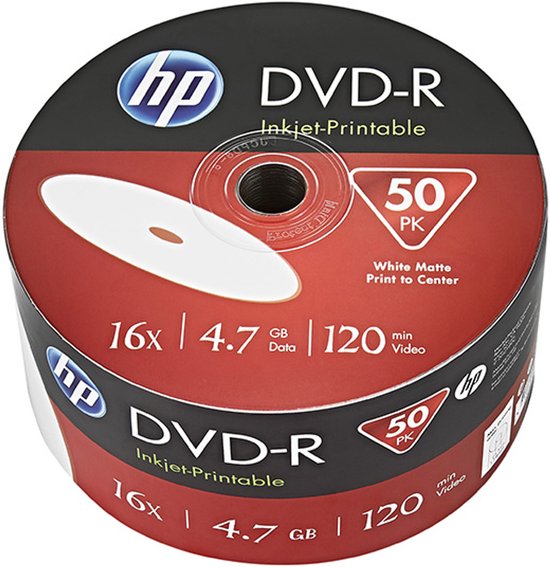 HP DVD-R inkjet-printbare schijven, 50 stuks, 16x, 4.7 GB, 120 minuten video, witte matte print.
