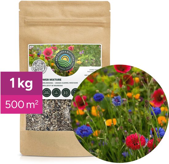 MRS Bloemenmengsel Bijen & Hommels één- en meerjarig - 1 kg voor 500 m² - Groeihoogte: 20-80 cm - Wilde bloemenzaden - Rijk aan nectar en stuifmeel - Geschikt voor alle bodems