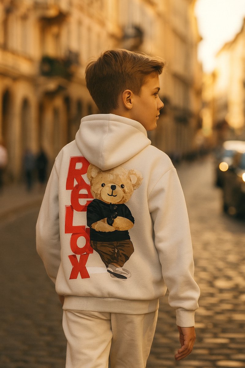 Kinder vest met beer - Jongens & Meisjes - Hoodie – Maat 110/116 – Crème - 65% Katoen - Capuchon - Bear - beren - Sweatvest - Relax - Chill - Offwhite — cadeau in Mode & Accessoires - foto 3