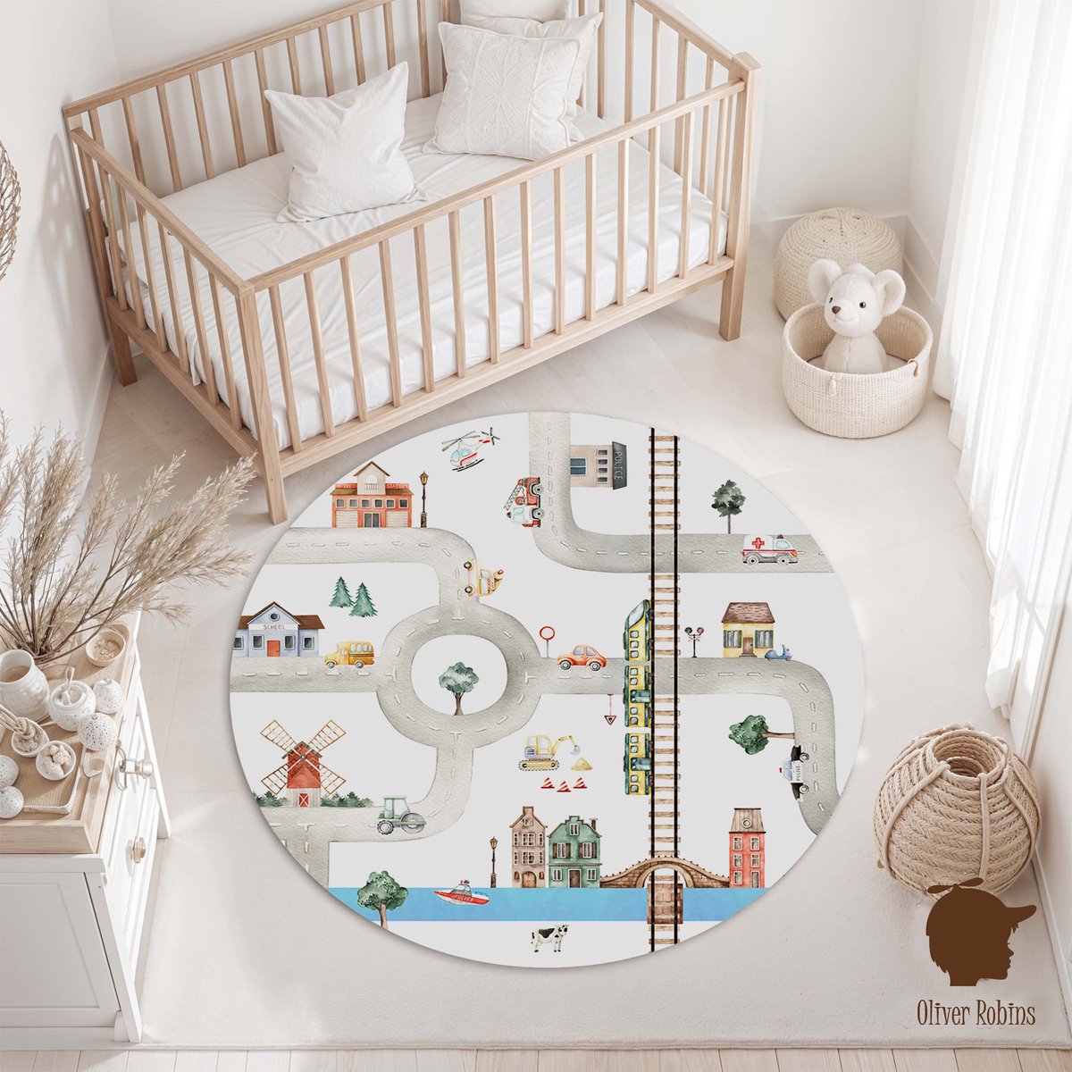 Rond Vinylzeil City of Vehicles Oliver Robins-kinderkamer-vinyl kleed-autoweg-kinderkameraccessoires-100cm-auto-kleed