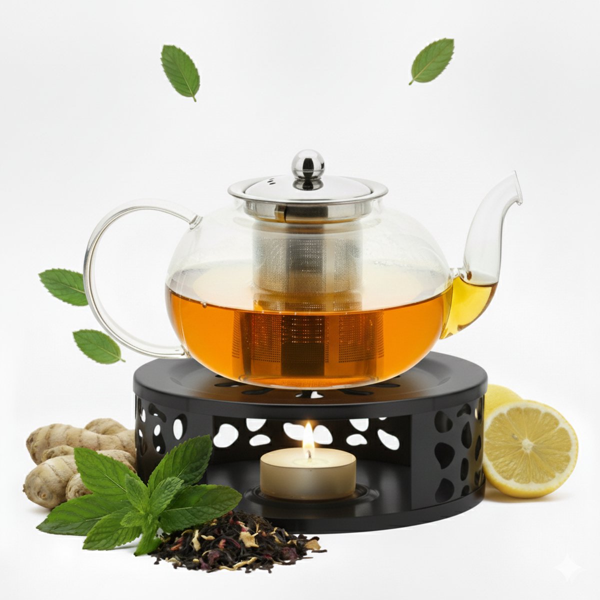 Vaja Glazen Theepot Vera 1.0 Liter met Filter en Warmhouder - Theepot Glas voor Losse Thee en Theebloemen - Tea Maker - Theelicht houder voor Theekan met Zeef - Infuser - Warmer - Zwart