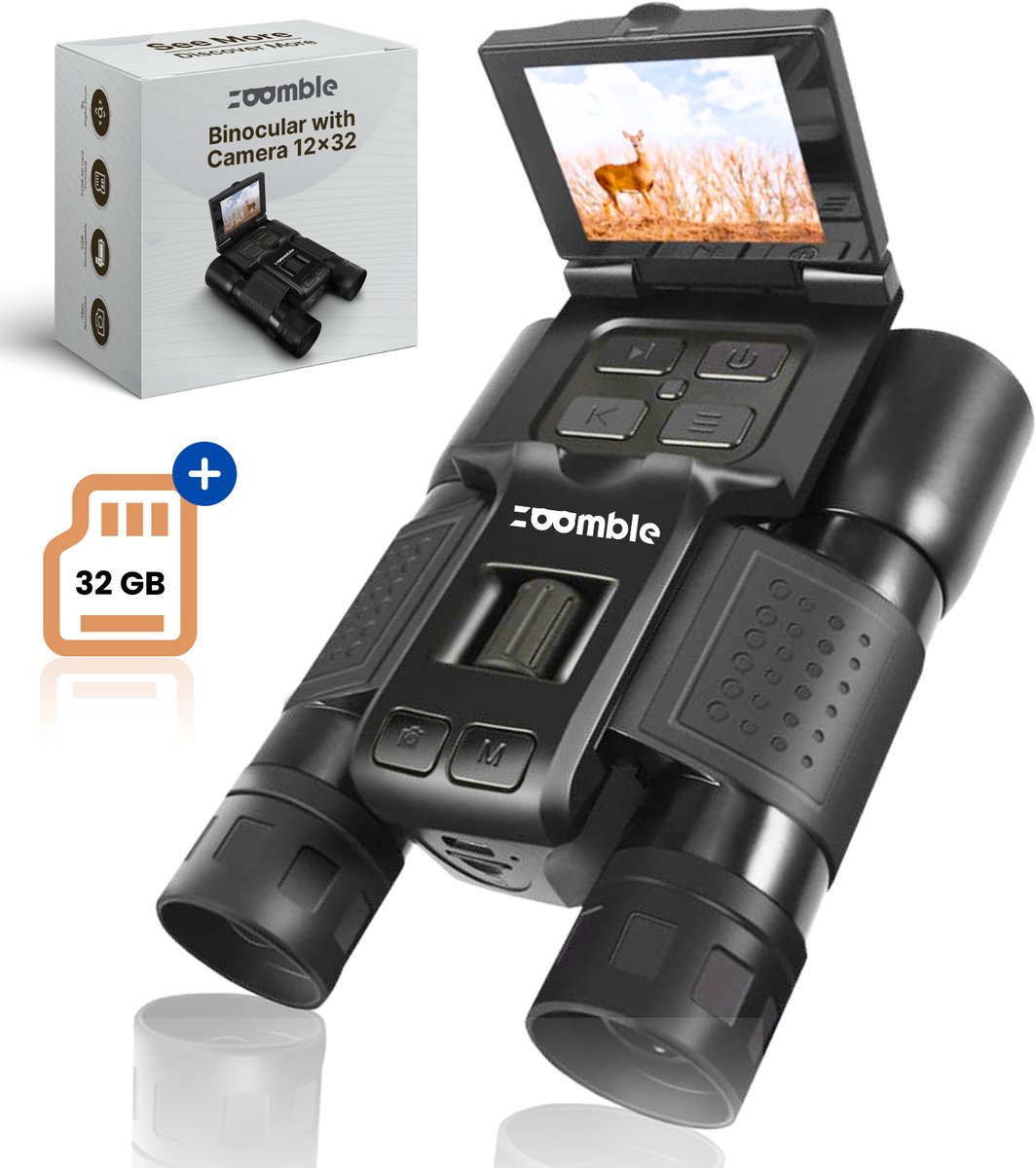 Zoomble® Digitale Verrekijker met Camera 12x32 – E-book Vogelspotten – Inclusief 32GB SD Kaart & Opbergtas – Compact - Foto & Video – Voor Vogelaars & Volwassene - Zwart