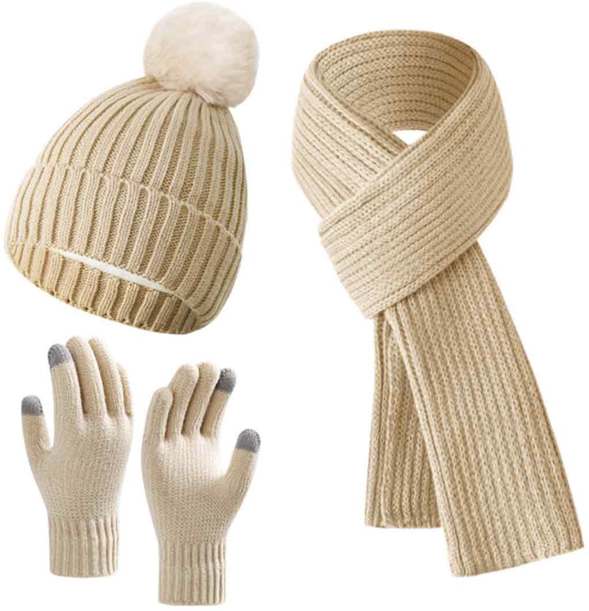 3-delige Winterset - Gebreide Muts met Pom - Lange Sjaal - Touchscreen Handschoenen - Winter - Dames - Buitenactiviteiten - Cadeau - Beige