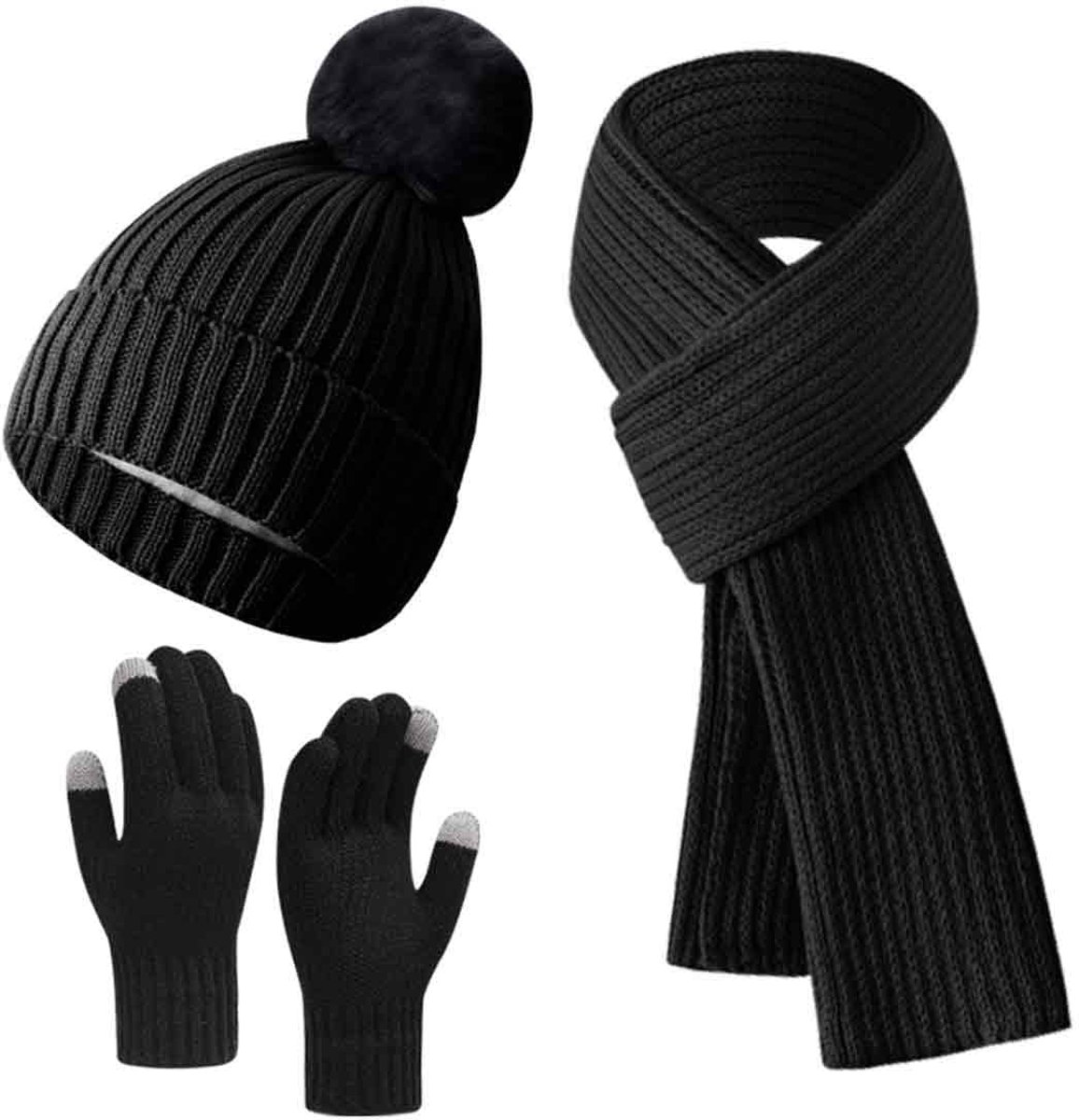 3-delige Winterset - Gebreide Muts met Pom - Lange Sjaal - Touchscreen Handschoenen - Winter - Dames - Buitenactiviteiten - Cadeau - Zwart