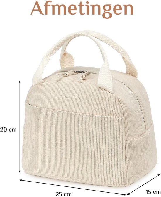 Beige Corduroy Geïsoleerde Lunchtas 25×20×15 cm - Warmhoudtas met Voorvak - Koeltas - Thermotas - Waterafstotend & Aluminium Binnenkant - Voor Baby, Kind & Volwassenen van Merkloos — afbeelding 2