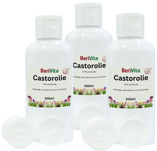 Drie witte flessen BeriVita Castorolie 100ml met bloemenkrans en doppen.