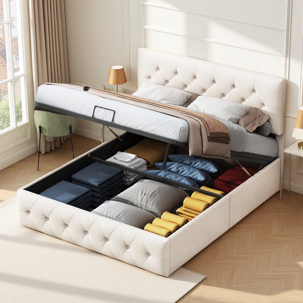 Beige Fluwelen Hydraulisch Bed 160x200 cm – Tweepersoons Opbergbed met Verstelbaar Hoofdeinde thumbnail 5