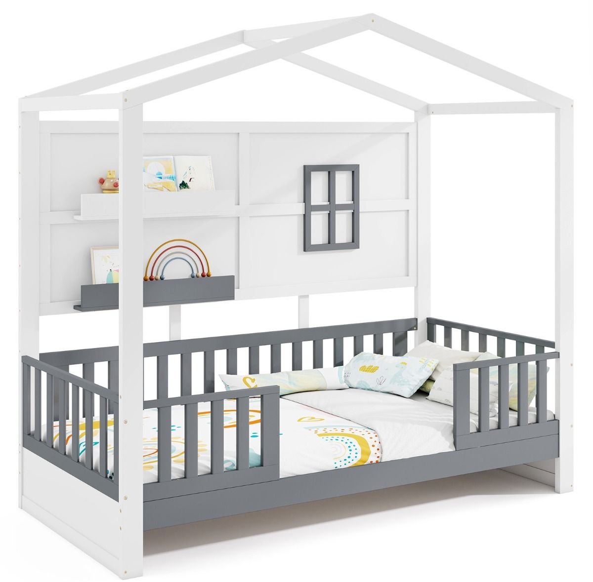 GranMaison Bedhuisje - Kinderbed - Peuterbed - Vloerbed - Met Uitvalbeveiliging - 206 x 97 x 192 cm - Bedbank - Exclusief Matras – Wit Wit + Grijs